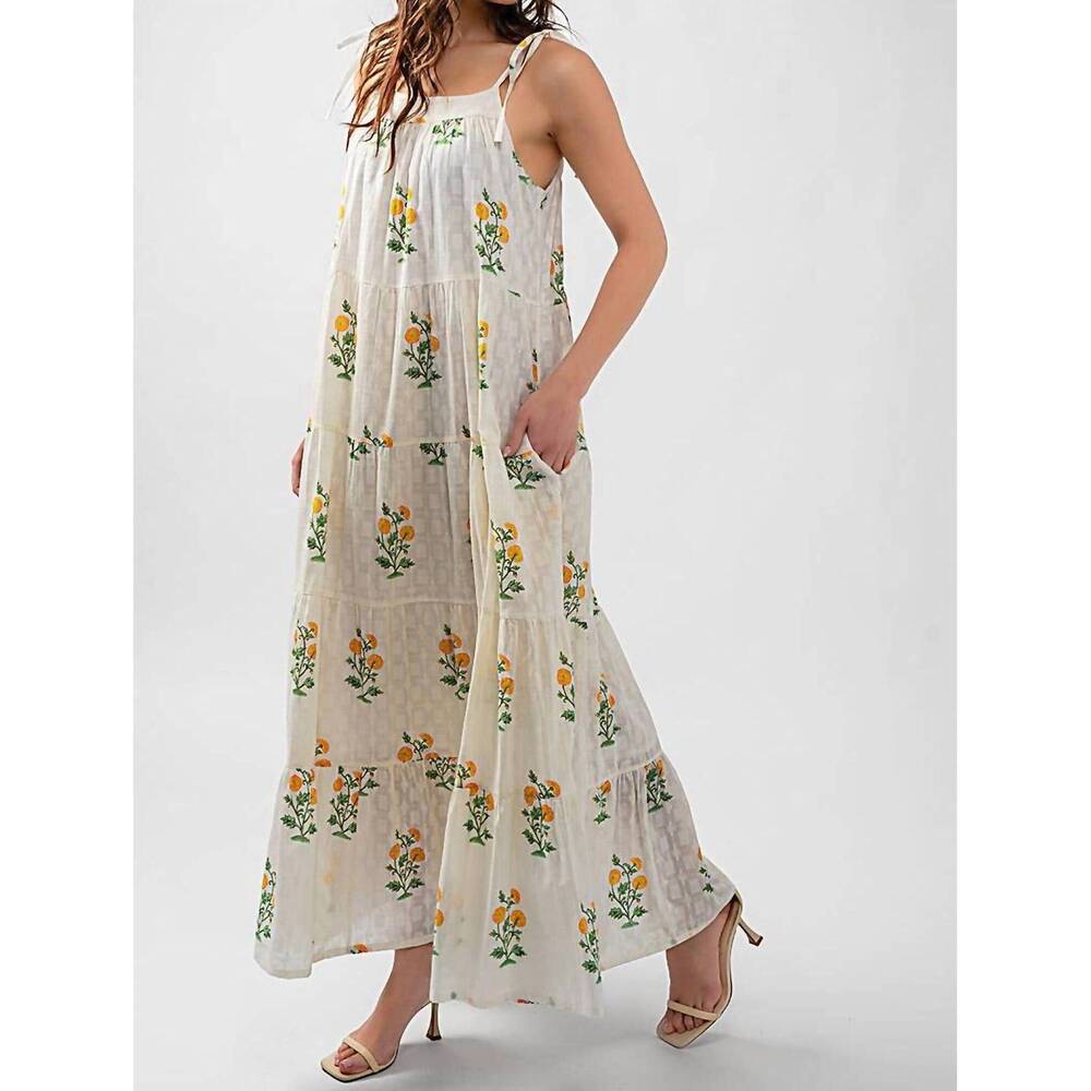 NEW URBAN DAIZY tiered floral cotton maxi dress in white green yellow - Picture 2 of 10